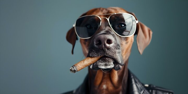 Image of tough dog in leather jacket sunglasses and cigar for humor. Concept Humorous Animal, Stylish Pets, Funny Dog Pictures, Dog in Leather Jacket, Pet Comedy