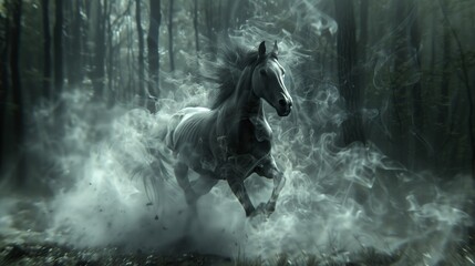Naklejka premium Mystical White Horse Running in Forest