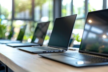 Interior shot of a modern office showing laptops, computers, and papers on desks with available copy space image.