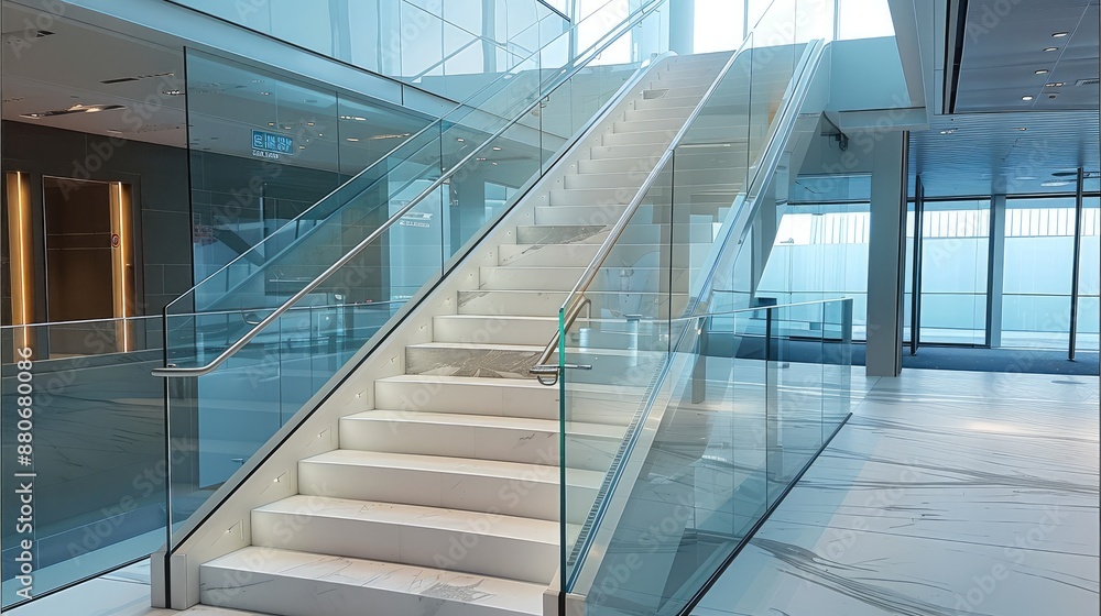 Poster glass railing for staircase in building. generative ai.