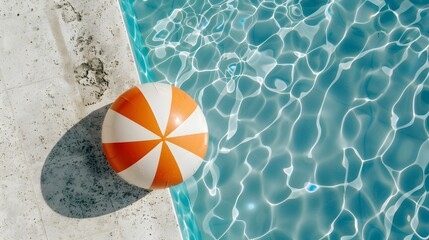 Obraz premium Top View of a orange and white Beach Ball by the Poolside. Colorful Summer Wallpaper