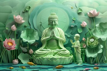 Buddha with two children playing near a lotus pond with paper cut flowers and fish on a bright green background a moment of joy