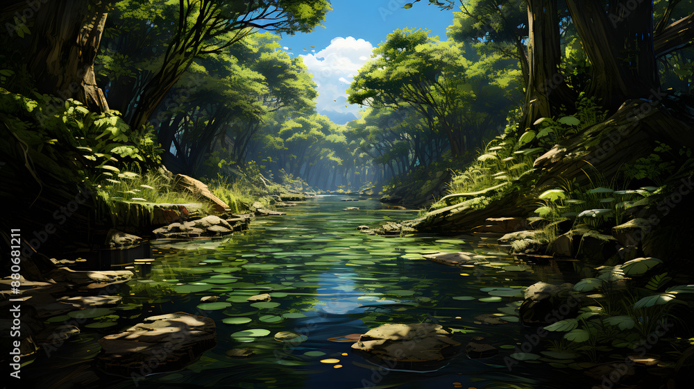 Poster sunlight filters through the lush canopy of a vibrant green forest, illuminating a crystal-clear str