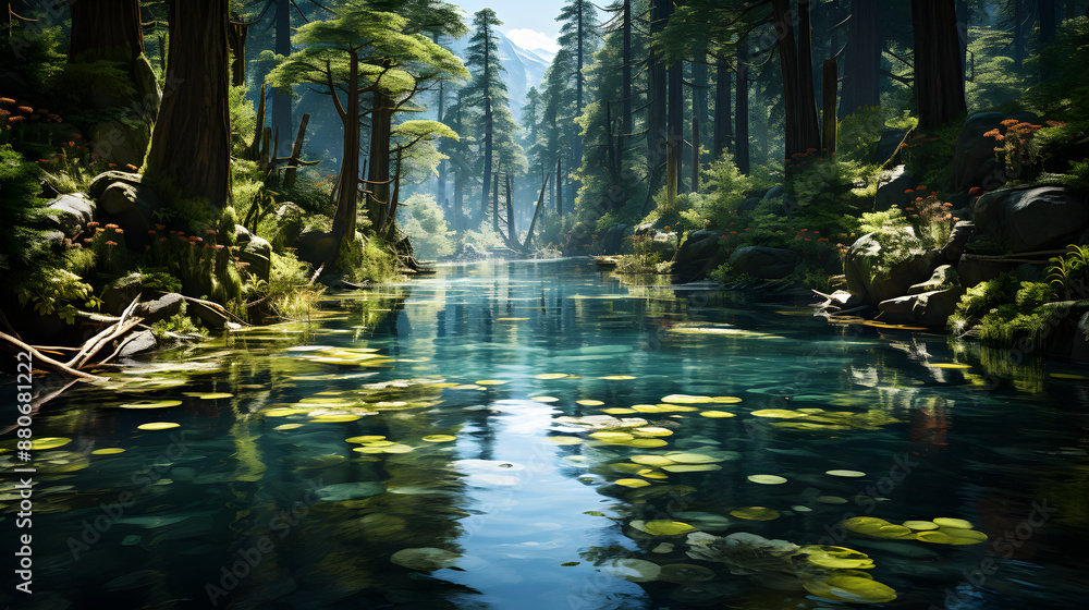Aufkleber a pristine river flows gently through a sun-dappled forest of towering redwoods, its surface adorned