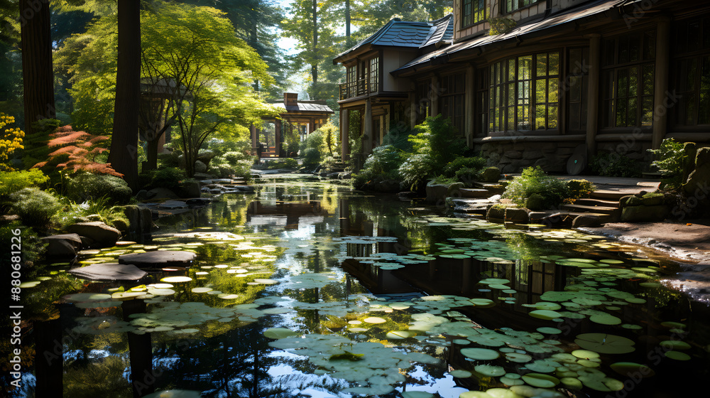 Poster a stream winds its way through a tranquil garden filled with lush greenery and the reflection of a b