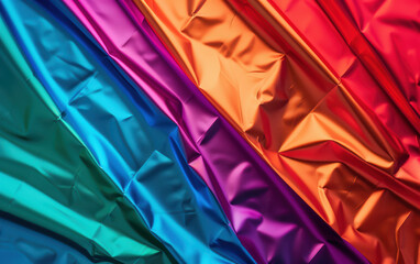Obraz premium Vibrant multicolored metallic fabric with shine and texture, featuring folds and reflections in a rainbow gradient pattern.