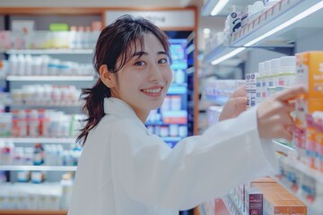 A woman in a white lab coat stands in a pharmacy