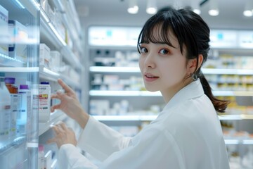 A woman in a white lab coat stands in a pharmacy