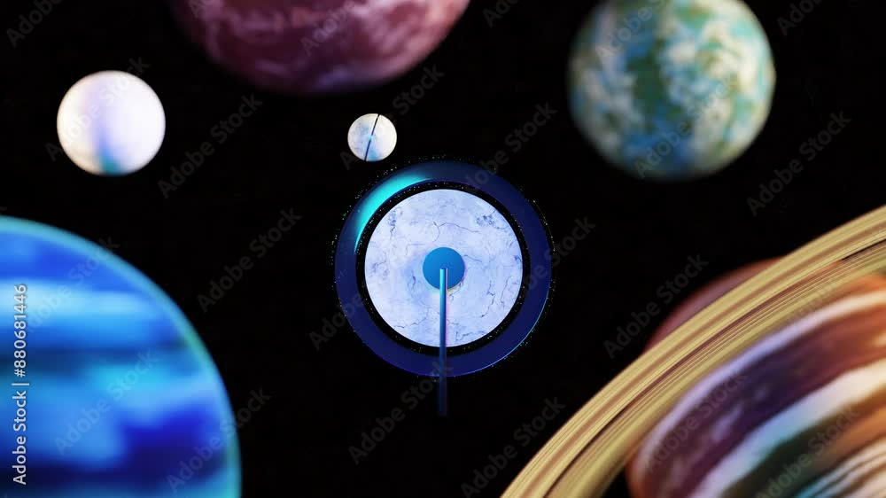 Aufkleber 3d animation loop of dynamic lever hitting ball against space solar system
