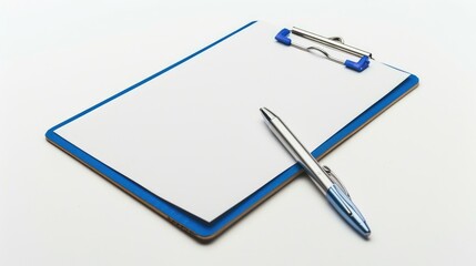 Pen and blue clipboard separated on white background
