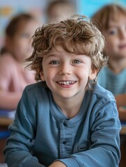 Smiling Young Boy in Classroom.