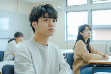 A Japanese male university student is sitting at the front of an empty classroom, while his female teacher sits on her desk and looks up with curiosity.