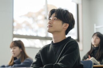 A Japanese male university student is sitting at the front of an empty classroom, while his female teacher sits on her desk and looks up with curiosity.