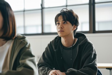 A Japanese male university student is sitting at the front of an empty classroom, while his female teacher sits on her desk and looks up with curiosity.