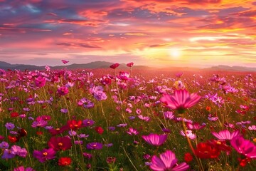 Beautiful and amazing of cosmos flower field landscape in sunset. nature wallpaper background.Beautiful and amazing of cosmos flower field landscape in sunset. nature wallpaper background.