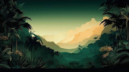 Tropical Rainforest Landscape with Silhouetted Palms and Mountains.