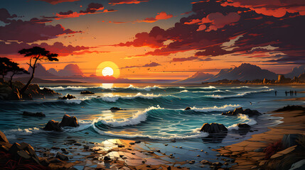 As the sun dips below the horizon, it casts a warm, orange glow across the crashing waves and rocky shoreline. Silhouettes of distant mountains and soaring birds complete the tranquil scene.