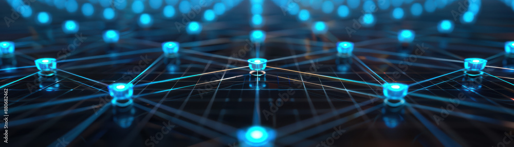 Poster futuristic network with glowing nodes and connections in a digital space, representing modern techno