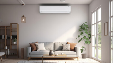 Energy efficient air conditioner in a modern living room, mini split HVAC