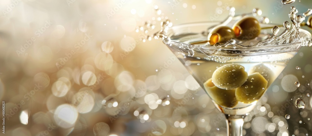 Aufkleber image of a dry martini garnished with green olives in a glass with splashes set against a softly lit
