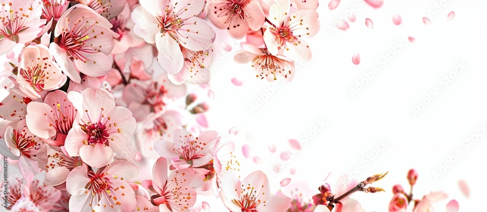 Fototapete pink cherry blossom flowers on plain white backdrop where a space for text or graphics can be insert
