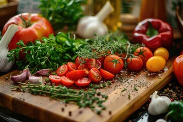 Vegetables And Herbs. Close Up of Chopping Board on Kitchen Countertop