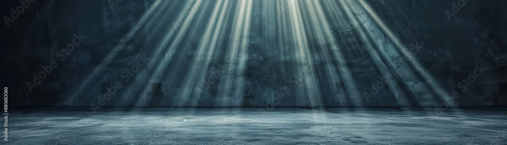 Poster sunbeams penetrating through dark clouds, casting rays of light on a misty surface. atmospheric and 