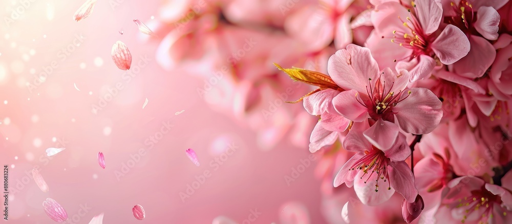 Leinwandbilder close up of lovely spring tree blossoms and petals on a pink background with a section designated fo