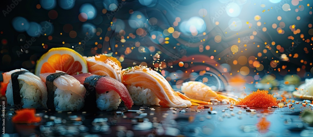 Poster Sushi composition displayed on a dark backdrop with copy space image