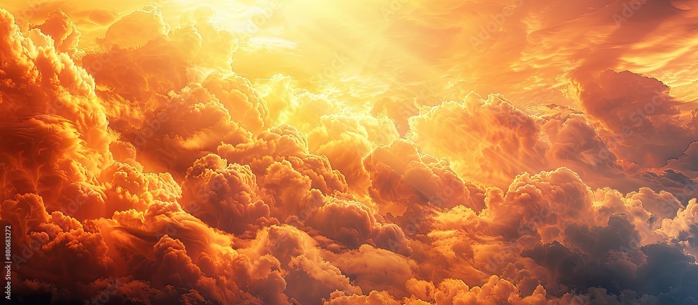 Poster clouded sky illuminated in sunset after windy weather creates a fiery backdrop for design featuring 