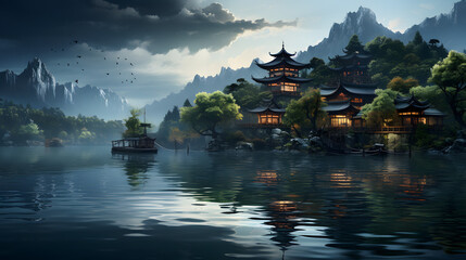 A serene and mystical temple nestled amidst lush greenery on a tranquil lake, as a gentle breeze carries the scent of pine and the sound of distant chanting.