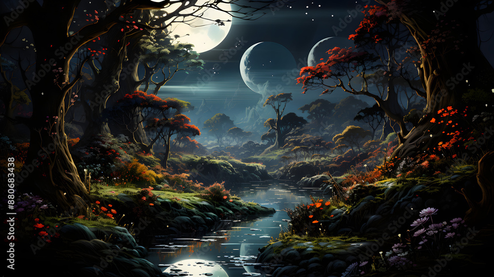 Poster a fantasy river flowing through a colorful forest scene with large trees in the foreground and two l