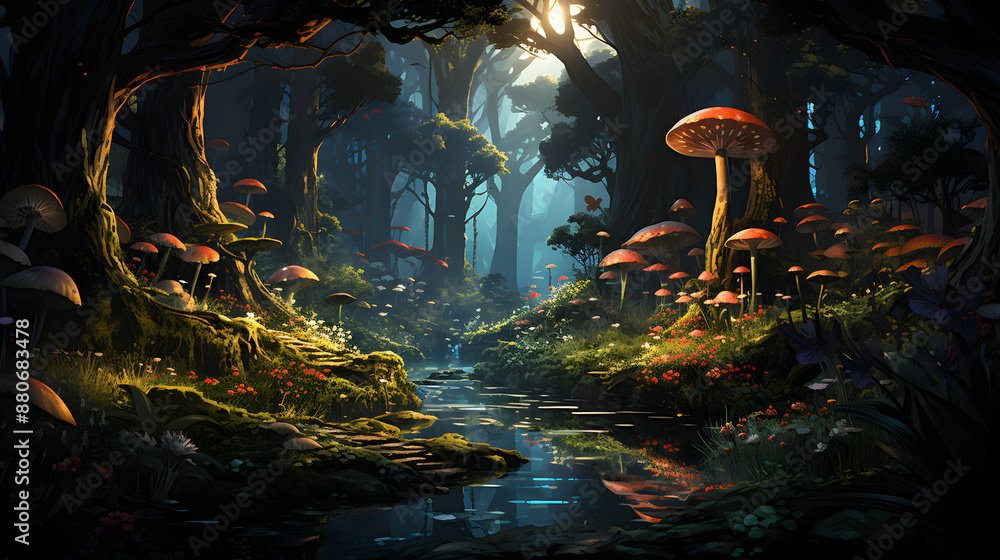 Poster a magical and captivating forest scene with a serene stream flowing through it, surrounded by toweri