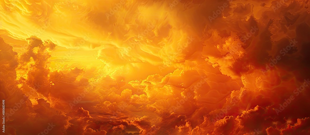 Poster Clouded sky illuminated in sunset after windy weather creates a fiery backdrop for design featuring copy space image