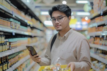 A cheerful man enjoying his shopping trip in the supermarket, using his smartphone and making eye contact with the camera with a happy expression.