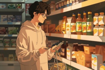 A cheerful man enjoying his shopping trip in the supermarket, using his smartphone and making eye contact with the camera with a happy expression.