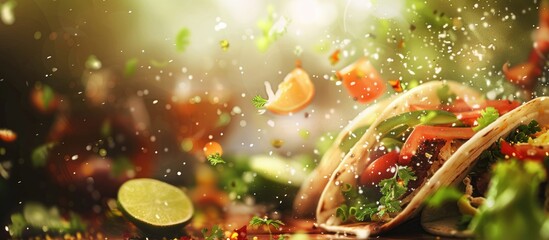 Blurry abstract background featuring Mexican food items like tacos tequila shots with lime and ingredients with a blur effect and space for text or images within the frame. copy space available