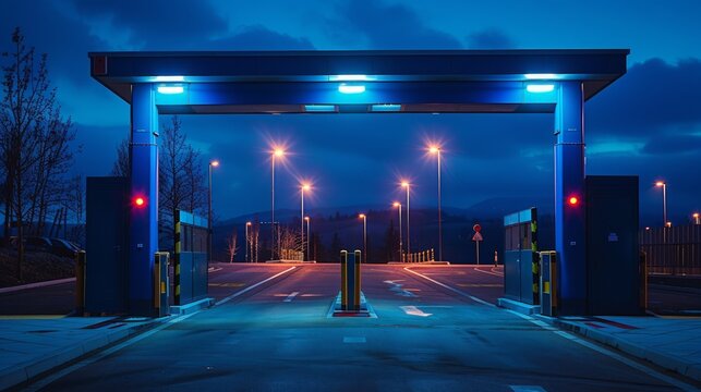 Automated gate with blue lights at night