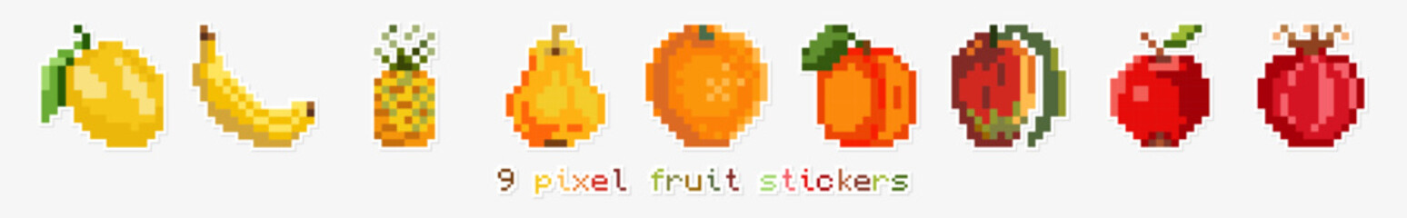 Set of pixel stickers with fruit icons.