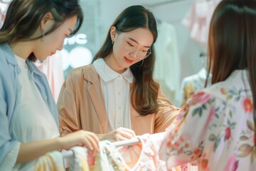 A photo of an Asian female teacher wearing professional attire, teaching two young women how to dress in the style of their liking and looking at their on display. 