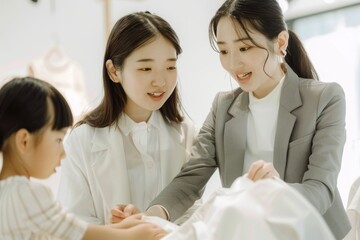 A photo of an Asian female teacher wearing professional attire, teaching two young women how to dress in the style of their liking and looking at their on display. 