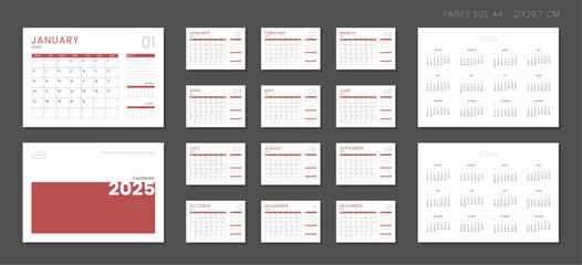 Set of 2025-2026 Calendar Planner Template with Place for Photo and Company Logo. Vector layout of a wall or desk simple calendar with week start Monday. Calendar grid in grey color for print