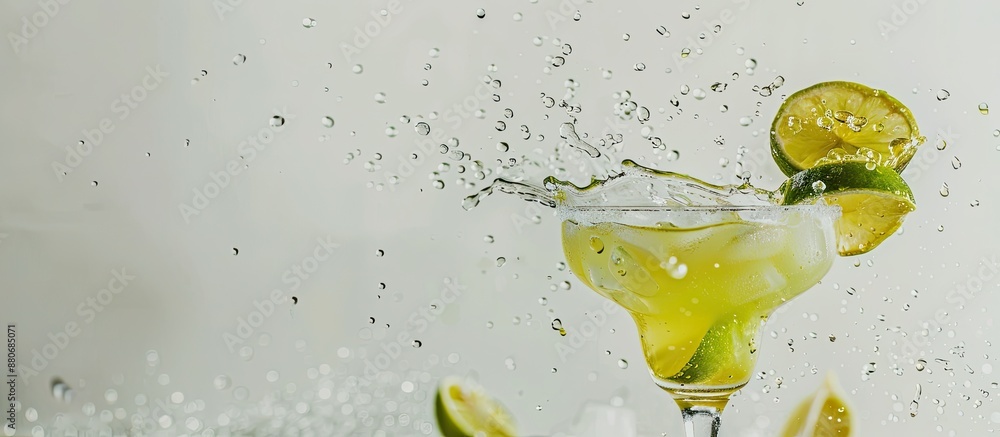 Poster a margarita drink splashes against a white backdrop allowing for copy space image