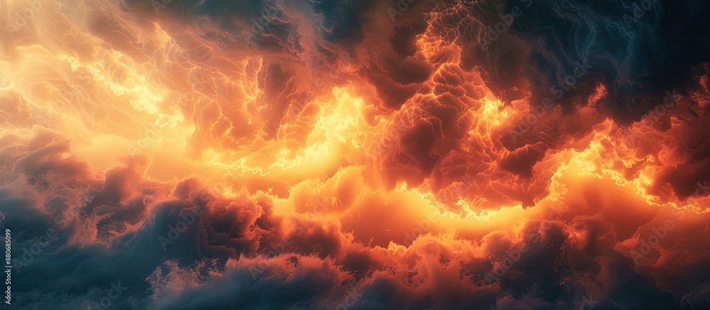 Poster clouded sky illuminated in sunset after windy weather creates a fiery backdrop for design featuring 