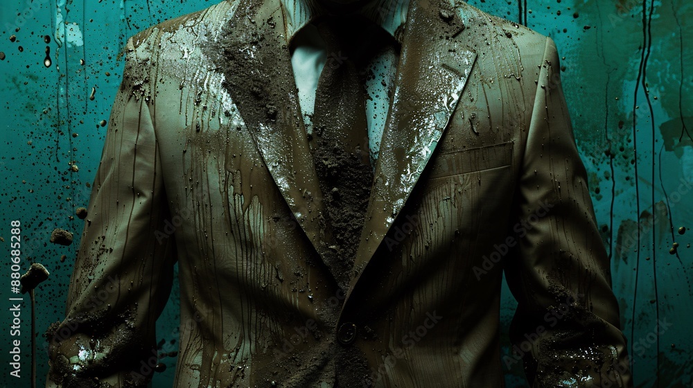 Poster business professional presenting in a meeting room their suit subtly marked with mud as a symbol of 