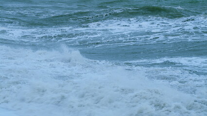 Storm On The Sea. Power Of Waves Breaking Splashing Sea-Spray Water Foam. Static.