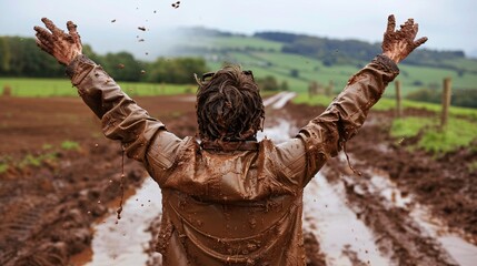 Person standing victoriously on a muddy mountain top their face and clothes reflecting hard work Stock Photo with copy space