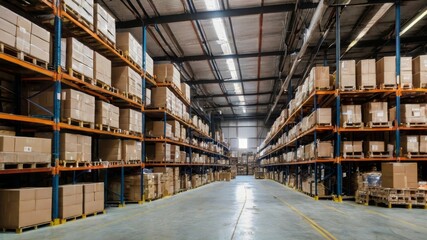 Fototapeta premium Warehouse room with racks with a large number of boxes, goods, parcels