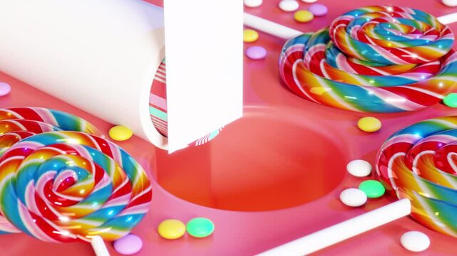 3D rendering loop of sharp knife smoothly cutting colorful candy
