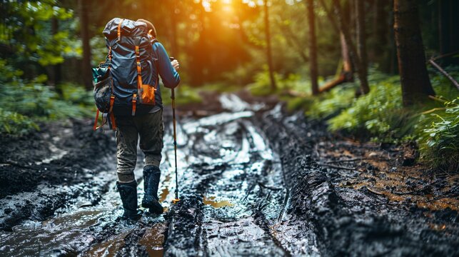 Hiker climbing a slippery muddy slope using a stick for balance and support Stock Photo with copy space